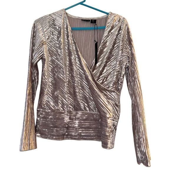 Tahari Tops - Tahari Women's Gold Crushed Velvet Long Sleeve V-Neck Blouse Size M